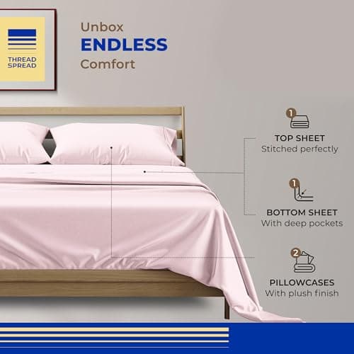 THREAD SPREAD 100% Egyptian Cotton Sheets Queen Size Bed Set - 4 PC 800 Series Euphoria Collection Egyptian Cotton Queen Sheet Set (Blush) Soft, Cooling, 16" Deep Pocket Sateen Hotel Bedsheet - Thumbnail 3