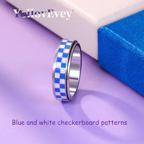 YellovEvey Fidget Spinner Checkered Anxiety Ring - Stainless Steel Silver Rings for Women, Adult Fidget Toys & Stocking Stuffers, Chessboard Anti-Anxiety Jewelry for Women Silver Size 8 Ring - Thumbnail 5