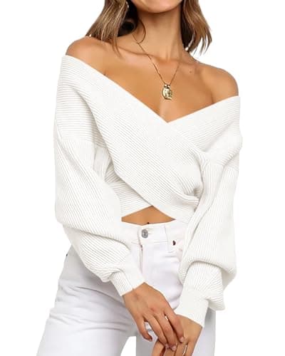 BTFBM Off The Shoulder Sweater for Women Winter Fall Fashion 2026 V Neck Long Sleeve Ribbed Knit Wrap Cropped Sweaters(White, X-Large) - Image 1