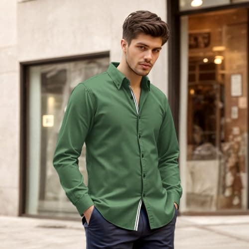Men’s Casual Untucked Button Down Shirt Long Sleeve Stylish Business Casual Dress Shirts Green - Thumbnail 2