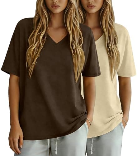 OPCAKM Oversized Workout Tops for Women 2 Pack V Neck Casual T Shirts Summer Short Sleeve Loose Basic Tees(ApricotBrown-S) - Image 1
