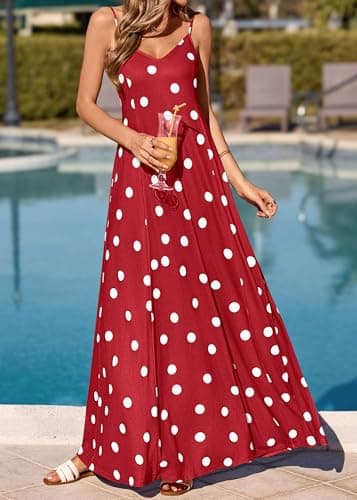 KIRUNDO Polka Dot Dress for Women Summer 2026 Sleeveless Spaghetti Strap Beach Vacation Cruise Boho Long Flowy Maxi Dresses(Red, X-Large) - Thumbnail 2