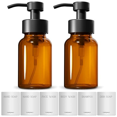 2 Pcs Amber Glass Foaming Soap Dispenser with Pump - 8.5 Oz Stylish Foaming Soap Dispenser Glass with Durable Plastic Pump for Bathroom or Kitchen Use - Non-Slip Bottom, 6 Waterproof Label Stickers