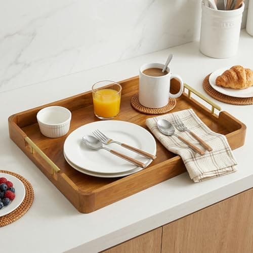 Fopeat Solid Teak Wood Serving Tray with Handles, 17"x13"x2" Rectangular Ottoman Tray for Living Room Kitchen Party, Rustic Decorative Tray for Home Coffee Table Breakfast Dinner Bar - Thumbnail 6