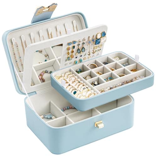 Lolalet 2 Layer Jewelry Box for Teen Girls & Young Women, Jewelry Organizer Case with Bow Clasp and Mirror for Earrings Rings Necklaces Storage, Gift Idea -Blue - Thumbnail 4