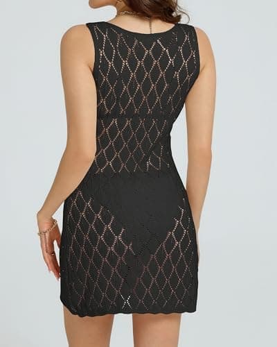 Bsubseach Women Crochet Swimsuit Coverup Mesh Knit Hollow Out Bathing Suit Cover Up Sleeveless Tie Front Beach Dress Black XL - Thumbnail 6