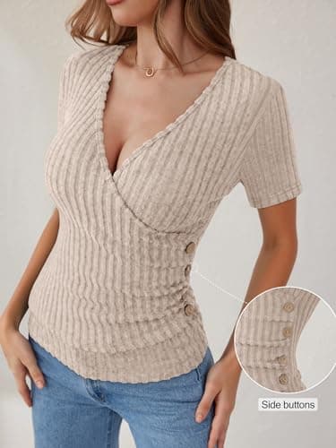 ANRABESS Women Long Sleeve V Neck Shirts,Light Khaki,S - Thumbnail 4