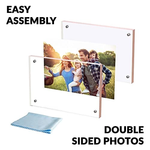 SimbaLux Magnetic Acrylic Picture Photo Frame 4x6 inches (3 Pack), Clear Glass Like with Rose Gold Edge Trim, Double Sided Frameless Desktop Floating Display, Free Standing, Easy to Change - Thumbnail 4