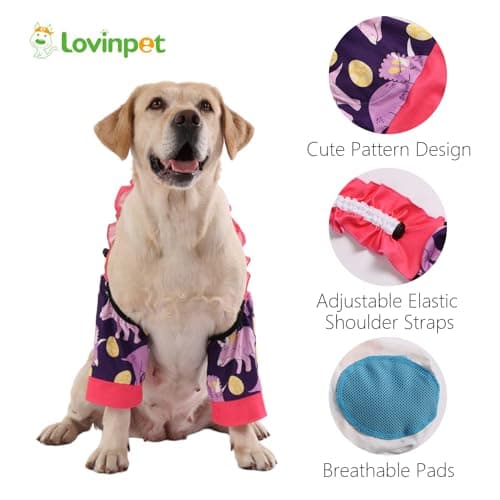 LovinPet Front Leg Sleeves for Medium and Large Dogs, 4-Way Stretch Elbow Protection, Anti-Lick Recovery, Warmth and Callus Prevention, Pair, Dinosaur Print, Yellow Purple,3XL - Thumbnail 2