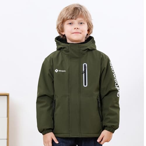 Boys' Waterproof skiing Jacket - Winter Fleece Lined Snowboarding Coat with Hood, Windproof Thermal Outer Shell for Kids Army Green 9-10 - Thumbnail 4