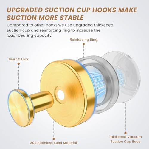 BKV Suction Cup Hooks for Glass Window,Removable Shower Hooks for Inside Shower,Metal Towel Hooks for Bathrooms,4 Pack(Gold) - Thumbnail 3
