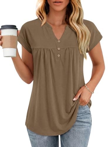 YOKGO Womens T Shirts Short Sleeve Pleated Button Top Dressy Casual V Neck Summer Tunic Tops Loose Fit Blouses Khaki - Image 1