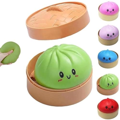 Dumpling Squishy Toy, Dumpling Squishy Mystery Box, Easter Basket Stuffers, Squeeze Dough Ball Stress Relief Hand Toys with Food Steamer Stretchy Desk Toys (Green) - Image 1