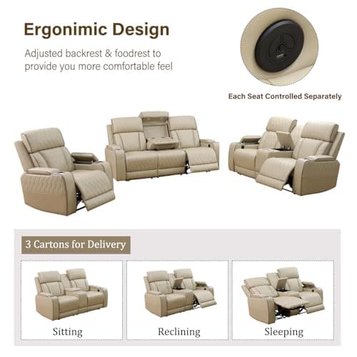 Living Room 3-Piece Power Recliner Sofa Set with USB Ports & Wireless Charging | Breathable Leather Electric Reclining Sofa + Loveseat + Chair | Home Theater Seating with Storage Console & Cup Holders - Thumbnail 4