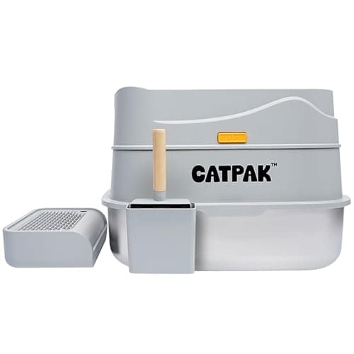 CATPAK Stainless Steel Cat Litter Box with Removable Cover – Large Enclosed Litter Box with Front & Top Entry, Includes Litter Mat and Scoop for Easy Cleaning (X-Large)