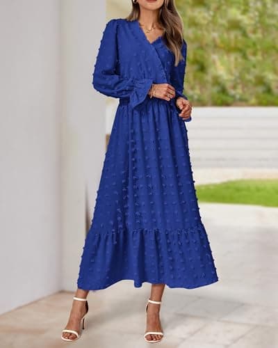 BTFBM Women Fall Maxi Dresses 2025 Long Sleeve V Neck Swiss Dots High Waisted A-Line Ruffle Boho Long Dress Vacation(Royal Blue,Medium) - Thumbnail 5
