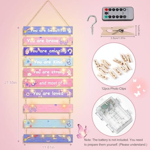 Homecor Pink Hanging Photo Display Wall Decor with 8 Lighting Modes, Printed Inspirational Quotes & Unicorn Butterfly Patterns, Teen Girls Bedroom Decor, Birthday Gift for Teenage Girls - Thumbnail 2