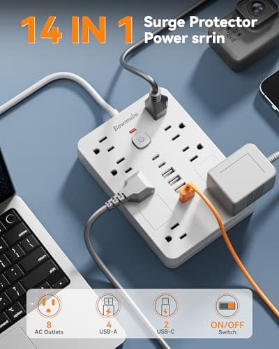 Bawmwim Surge Protector Power Strip - 8 Outlets(1850W/15A) with 6 USB Ports（2 USB C, 6FT Flat Plug Extension Cord, Wall Mount Multi Plug Outlet Extender, ETL Listed for Home, Dorm Room, White - Thumbnail 2