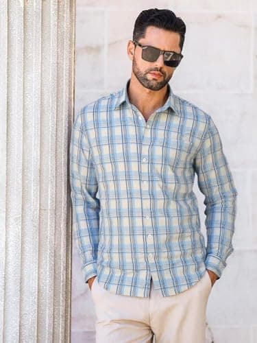 BAYAMO Men's Button-Down Plaid Shirts Casual Long Sleeve Cotton Linen Shirts for Men Fashion Business Shirt Blue L - Thumbnail 2