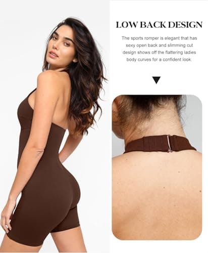 Popilush Women Workout Romper Built in Shapewear Tummy Control Halter Neck Backless Short Jumpsuits - Thumbnail 4