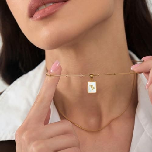 LETFLY Capricorn Zodiac Gold Necklace Stack for Women, 18K Gold Plated Square Shaped Pendant with Adjustable Layered Snake Chain for Women Jewelry Gifts - Thumbnail 3