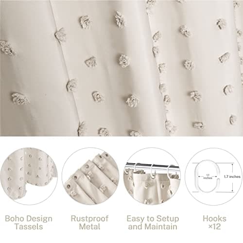 Siiluminisoy Boho Farmhouse Beige Shower Curtain, 72 x 72 Tufted Pleat Floral Puffs Textured Modern Farmhouse Minimalist Shower Curtain Set with Hooks for Bathroom - Thumbnail 6