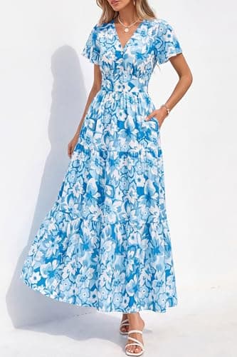 PRETTYGARDEN Women Summer Maxi Dresses 2026 Short Sleeve V Neck Button Floral Tiered Flowy Boho Sundress Beach Outfits(Blue Floral,Medium) - Thumbnail 4