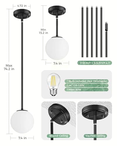 Majade Globe Pendant Lights Kitchen Island Mid Century Modern Pendant Light Fixtures 7.4 Inch Black Ceiling Lighting with Milk White Glass Shade Adjustable Hanging Light for Dining Room Living Room - Thumbnail 4