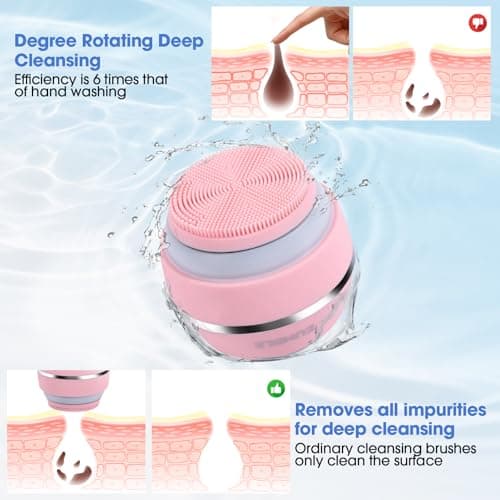 Electric Facial Cleaner with 6 Modes & 3 Light Effects, Rechargeable Waterproof Face Scrubber for Women and Men, Includes Extra Brush Head, Easy-Clean Hanging Design (Pink) - Thumbnail 4