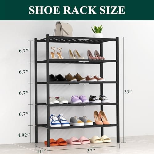 Smiry Shoe Rack, 5 Tier Thick Bamboo Shoe Organizer, Stackable Free Standing Wooden Shoe Storage Shelf for Closet, Entryway, Front Door Entrance, Black - Thumbnail 2