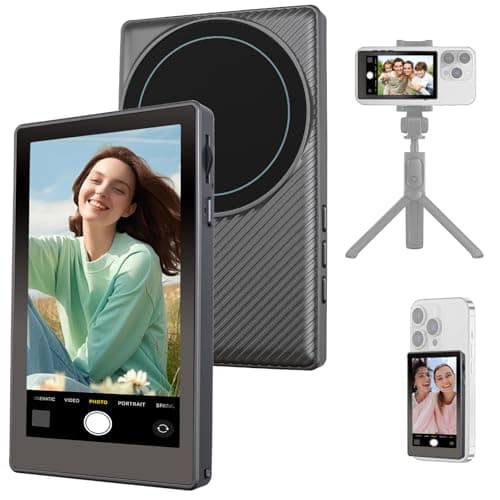 Wireless Vlog Selfie Monitor Screen: 4K 30fps Rear Camera Recording for Vlogging with iPhone Android, Built-in Speaker & Remote Zoom Selfies Magnetic Phone Monitor for TikTok YouTube Live Stream