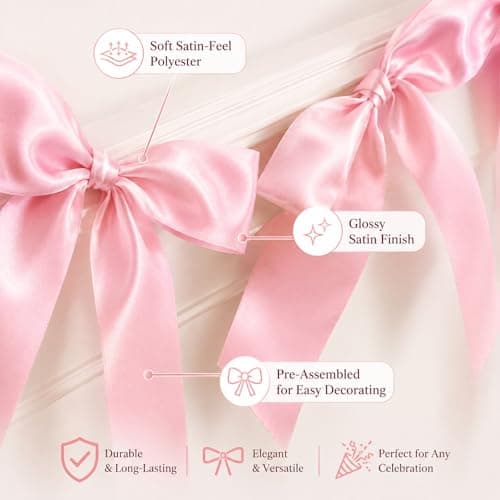 Pink Bow Garland Banner Coquette Birthday Party Decorations, 5.9FT Satin Bow Banner Decorations for Baptism Gift Daughter Nursery Baby Bridal Shower Wedding Favors Engagement Party Supplies - Thumbnail 5