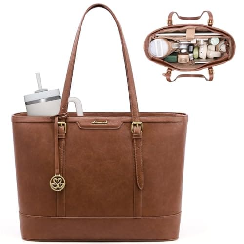 LOVEVOOK Laptop Bag for Women, 15.6 Inch Large Work Tote Bag with 40oz Cup Holder, Waterproof PU Leather Computer Briefcase for Teacher, Professional Business Shoulder Purse Vintage Brown