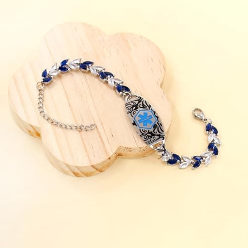 Blue & White Leaf CZ Medical Alert Bracelet for Women | Dynamic QR Code or Custom Engraved ID Jewelry | Emergency Contact Allergy Health Info Stainless Steel & Copper Adjustable Wristband (Text Engraving) - Thumbnail 2