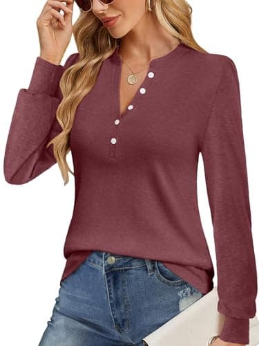 GKBK Women's Puff Long Sleeve Tunic V Neck Button Blouses Fall Tops Trendy Dressy Casual Business Henley Shirts Wine Red S - Thumbnail 3