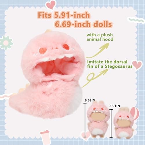 HiOKOU Clothes for labubu 17cm Accessories Suit Cute Clothes for Doll Dress up Animal Style Outfits (NO Doll)（Pink Dinosaur） - Thumbnail 3