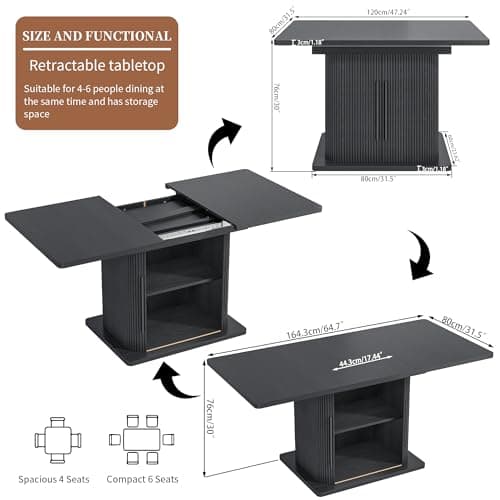 Extendable Black Dining Table for 4-6, 47-65 Inch Rectangle Dining Room Kitchen Table with Large Storage, Wood Sliding Door, Mid Century Modern Dinner Furniture, Fluted, Space Saving, Living Room - Thumbnail 2