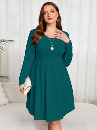 AusLook Women's Plus Size Long Sleeve Midi Dress Crewneck Casual Empire Waist Loose Flowy Dresses A-Line Boho Party 2025 Fall Winter Long Indigo Blue 2X Dress Vacation Outfit with Pockets - Thumbnail 3