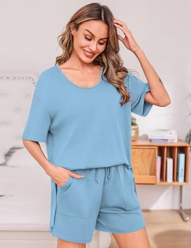 Totatuit Women's Oversized T-Shirt and Shorts Set 2 Piece Summer Outfits High Waisted Lounge Sets with Pockets Casual Travel Clothes Light Blue Small - Thumbnail 3