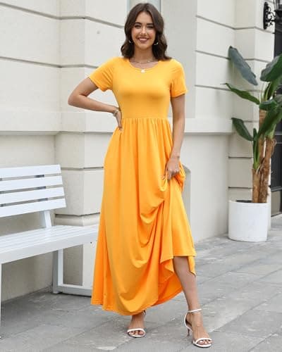 COSSEN Women’s Crewneck Short Sleeve Maxi Dress Yellow Large with Pockets – Casual Loose Swing Sundress for Wedding Guest, Beach & Vacation - Thumbnail 3