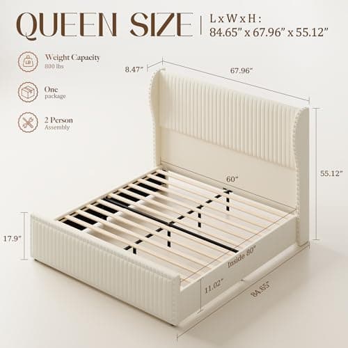 Belffin Queen Bed Frame with 55.1" Tall Headboard, Upholstered Soft Velvet Platform Bed with Nailhead Trim Wingback Design, Strong Wooden Slats, No Box Spring Needed, Noise-Free, Easy Assembly, White - Thumbnail 2