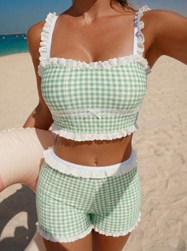 ZAFUL Womens High Waisted Bikini Sets 2 Piece Plaid Ruffle Swimsuits Back Strap Top with High Waisted Shorts Bathing Suit Green S - Thumbnail 2