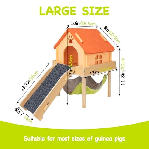 BESNEW 3 in 1 Enlarged Guinea Pig Hammock,Wooden Guinea Pig Hideout with House & Platform & Stairs Small Animal Toys for Hiding Sleeping Activities - Thumbnail 4