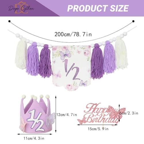 Purple Handmade Half Birthday Decorations, 6 Month Party Set with High Chair Banner, Hat & Cake Topper, Half Way to One Baby Girl Decorations Party for 1/2 Birthday Girl Photoshoot Props - Thumbnail 2