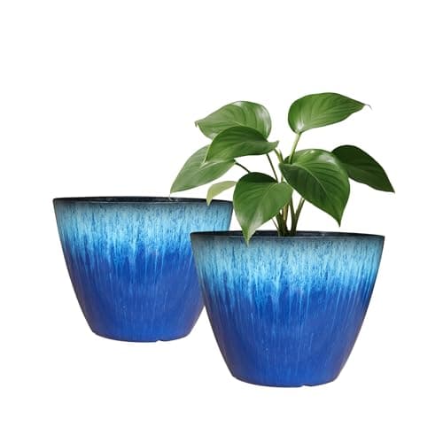 LESOASIS Pack of 2 Flower Pots, Plastic Plant Pots with Drainage Holes, 8 inch Modern Glossy Finishing Planter for Indoor Outdoor Plants (Blue Glaze, 2 Pack)