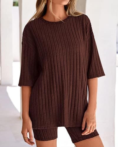 KIRUNDO Short Sets For Women Summer 2 Piece Matching Lounge Sets Casual Rib Knit Tshirts Biker Shorts Beach Vacation Outfits (Brown, X-Large) - Thumbnail 3