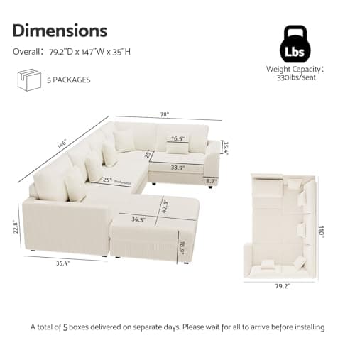 146" Modular Sectional Sofa, Oversized U Shaped, Convertible Sleeper Sofa, Deep Seat Comfy Cloud Couch with Ottoman and 5 Pillows for Living Room - Thumbnail 2