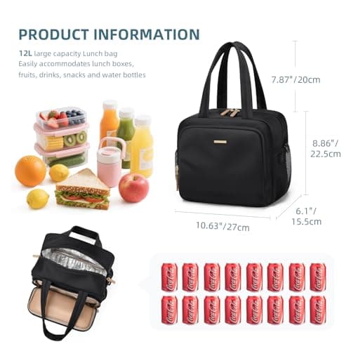 GOLF QUALITY Insulated Lunch Bags for Women,Lightweight Puffy Padded Waterproof Lunch Tote,Reusable Lunch Cooler Bag for Work Picnic Travel,Black - Thumbnail 2