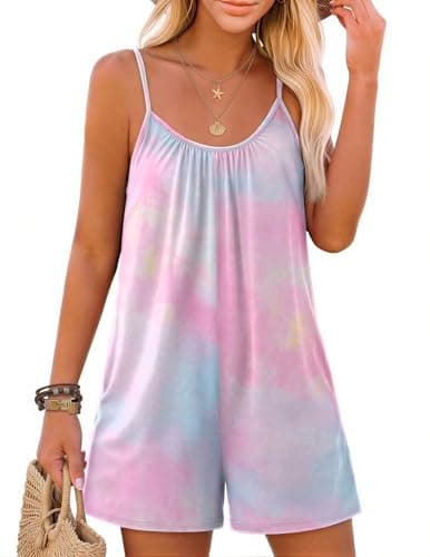 Ekouaer Summer Rompers for Women Boho Beach Vacation Outfits Sleeveless Loose Shorts Overalls 2026 Jumpsuit With Pockets Tie Dye S - Image 1