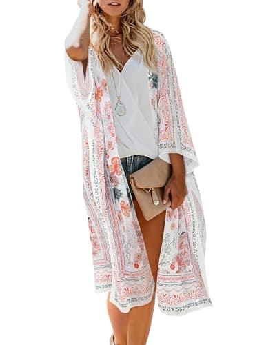 Flowy Long Floral Kimono Cover Up Tops Womens Summer Chiffon Cardigan Duster Beach Sheer Boho Resort Wear with Belt M - Thumbnail 2